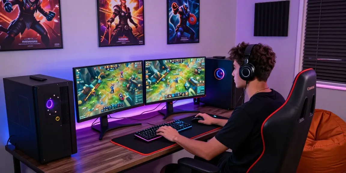 Engaged gamer at a high-tech setup showcasing FAFA828, surrounded by gaming equipment and ambient lighting.