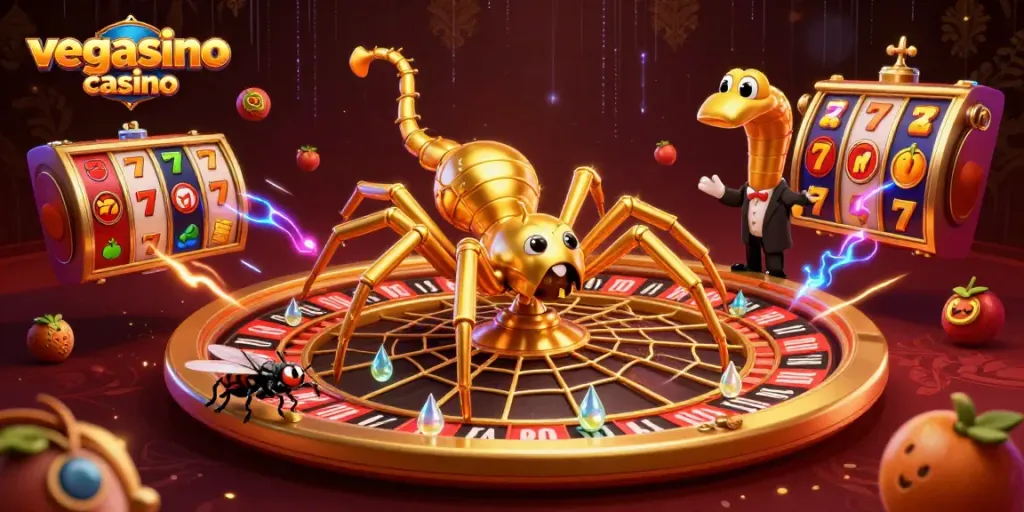Experience excitement at vegasino casino with a golden spider spinning a roulette wheel web surrounded by enchanting game elements.