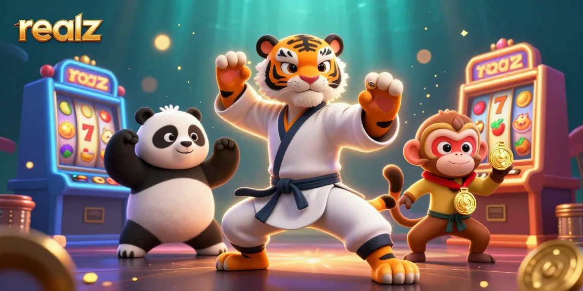 Spin the reels and win big with realz, as playful characters and slots create a vibrant casino scene.