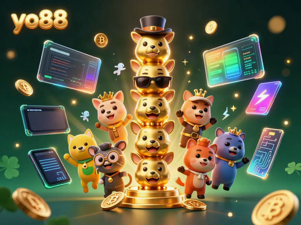 Experience thrilling gaming opportunities with yo88's unique totem pole design amidst vibrant casino elements.