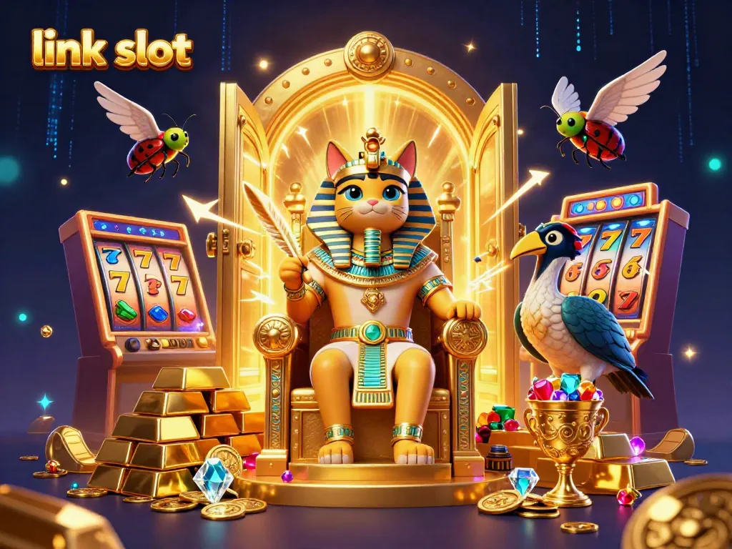 Explore a vibrant link slot scene with an Egyptian pharaoh cat and opulent treasures.