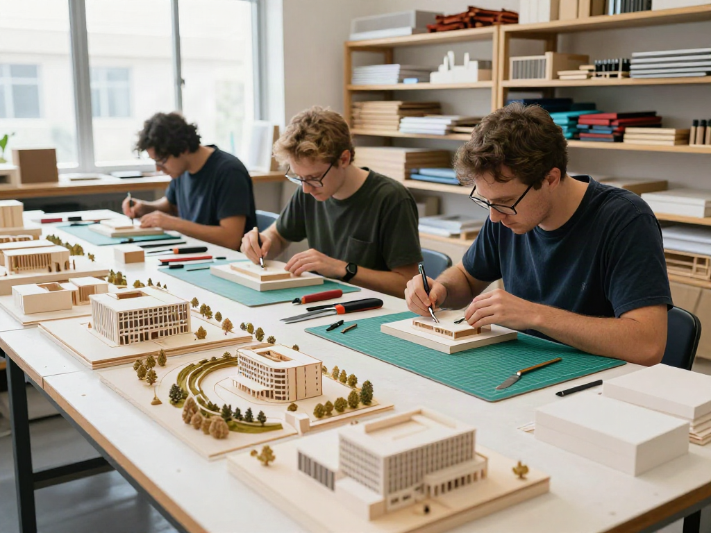 Architekturmodellbau Stuttgart: Handwerker erstellen präzise Modelle in einem hellen Atelier.