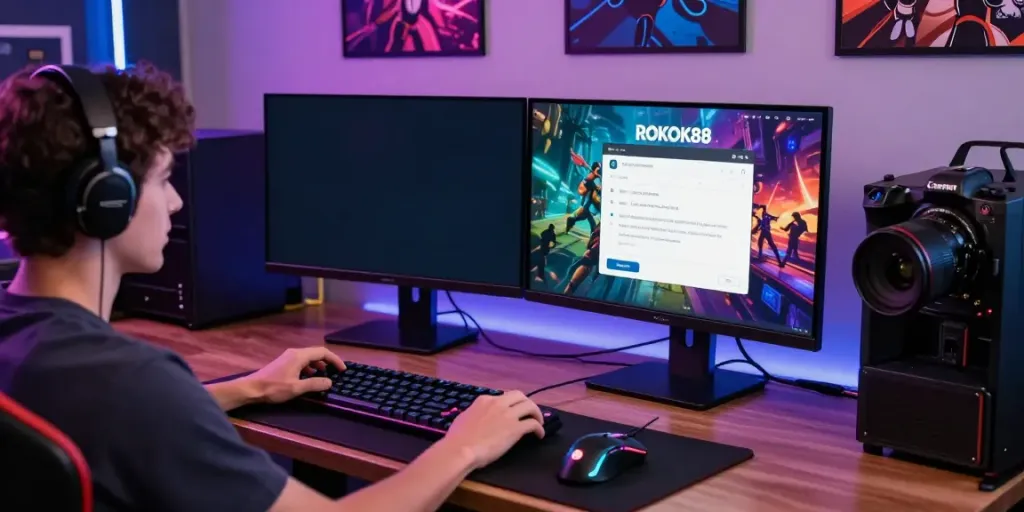 ROKOK88 daftar process on a sleek gaming setup, showcasing vibrant graphics and excitement.