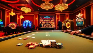 The energizing atmosphere at home bdtk1 casino with a poker table, roulette wheel, and slot machines.