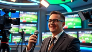 Engaging sports broadcasting anchor discussing live events in a modern studio setting.
