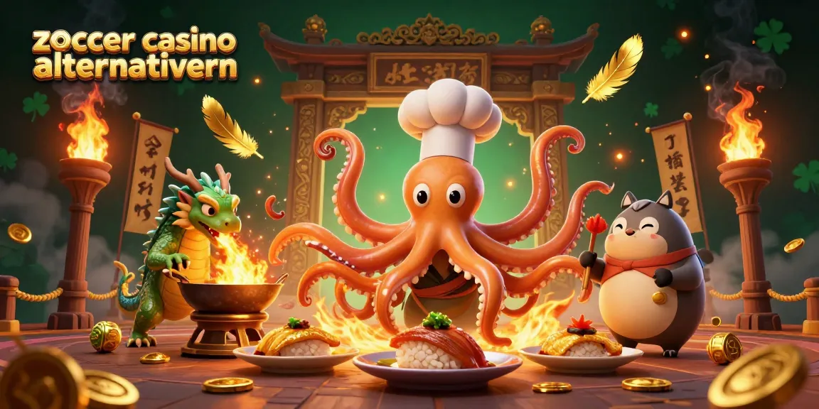Zoccer Casino Alternativen: Interaktive 3D-Illustration eines Sushi-Koch-Oktopus mit goldenen Gerichten.